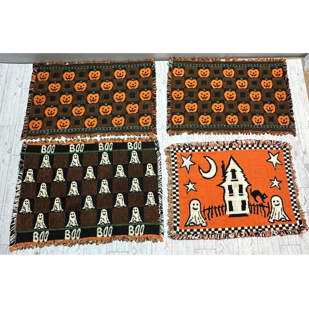 Halloween Woven Tapestry Placemats x4 Ghost Pumpkin Haunted House Black Cat